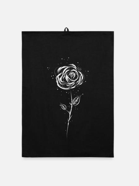 Drawing of a white rose - Organic dish towel - black - Front