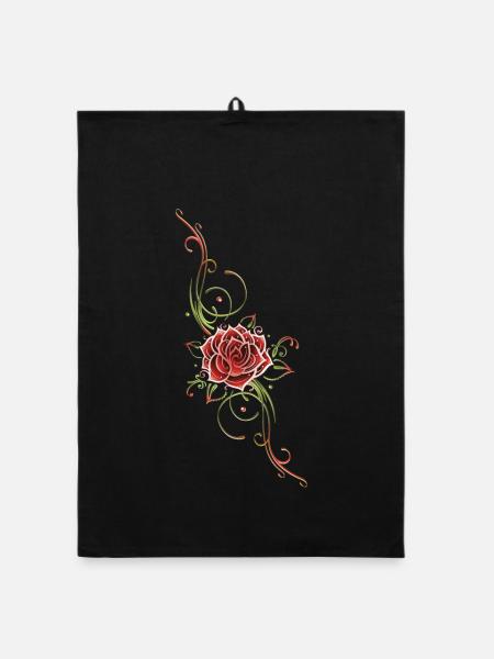 Filigranes Tribal mit Rosenblüte, rose - Organic Geschirrtuch - Schwarz - Vorne