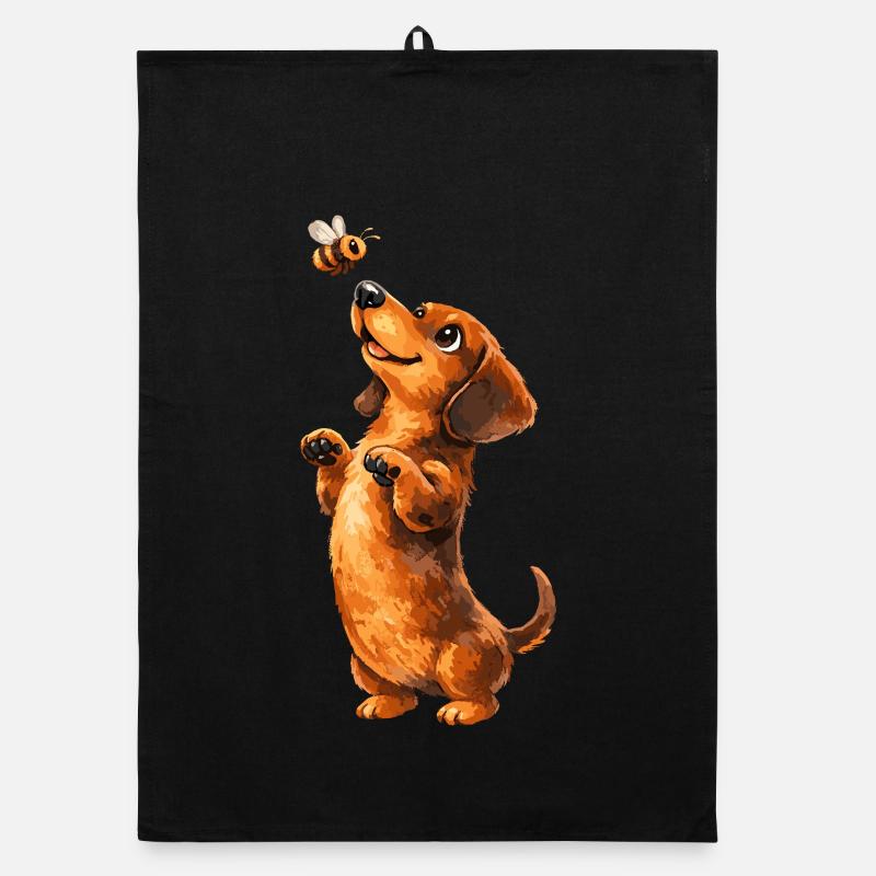 Dachshund and Bee Whimsy - Organic dish towel - black