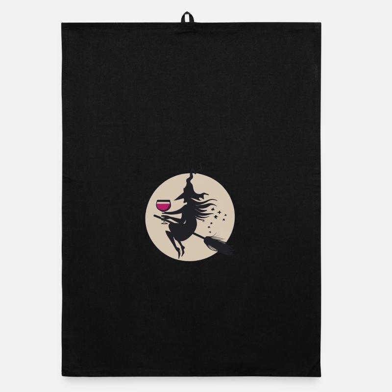 Moonlit Witch on Broom with Wine Organic dish towel