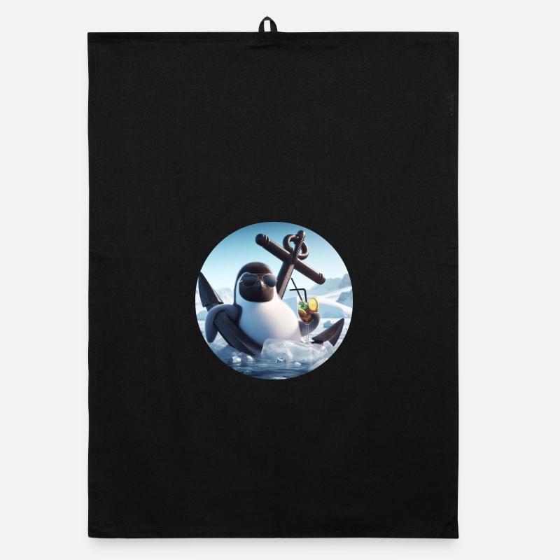 Comic penguin leaning in anchor with cocktail Organic dish towel