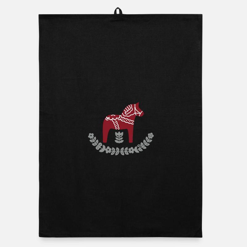 Dala Pferd mit Blumenbogen – Nordic Folk Design Organic Geschirrtuch