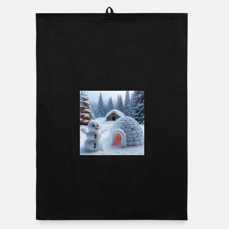 Winter landscape with snowman and igloo Organic dish towel