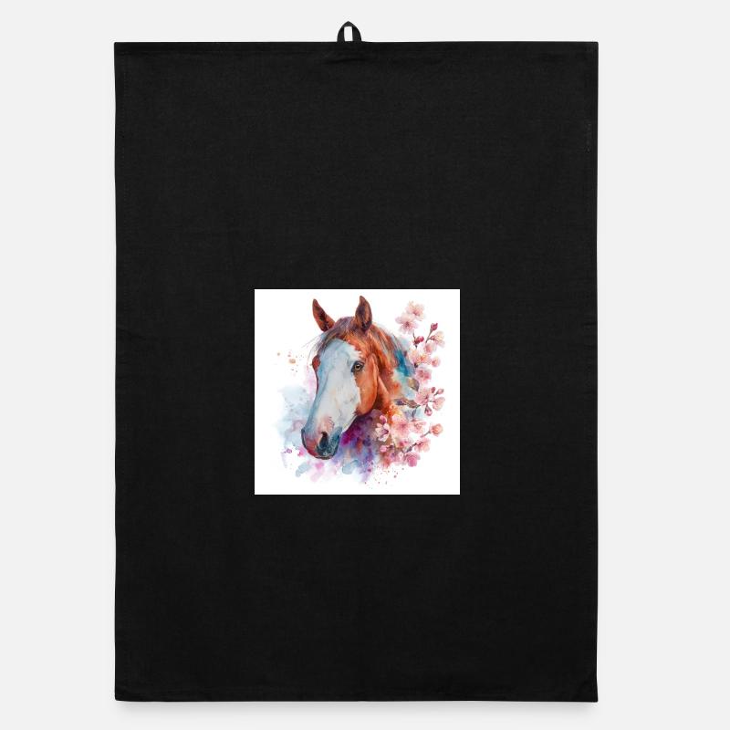 Aquarelle Cheval et Fleurs de cerisier Torchon bio
