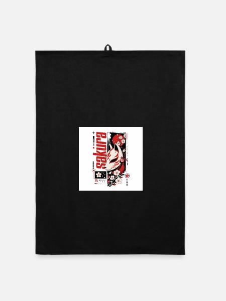 Streetwear Design "Sakura Kitsune" - Organic Geschirrtuch - Schwarz - Vorne