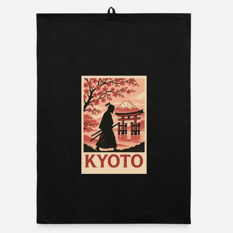 Kyoto Samurai and Cherry Blossoms Silhouette Organic dish towel