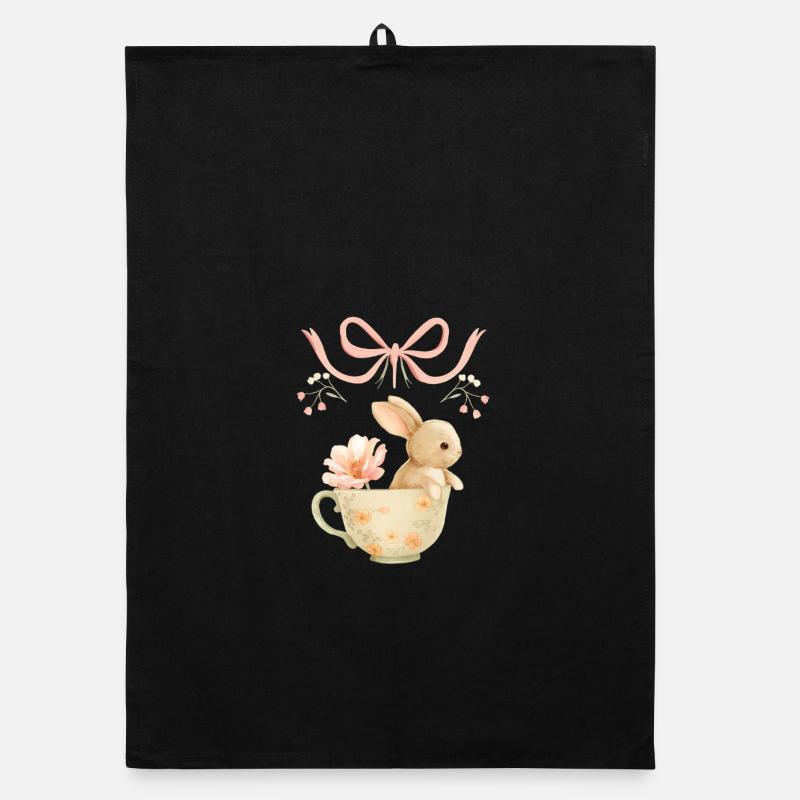 Lapin pastel en tasse florale - Torchon bio - noir