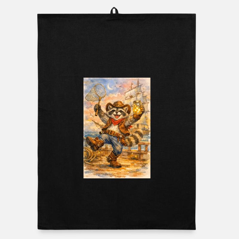 Raccoon cowboy with firefly jar Organic dish towel