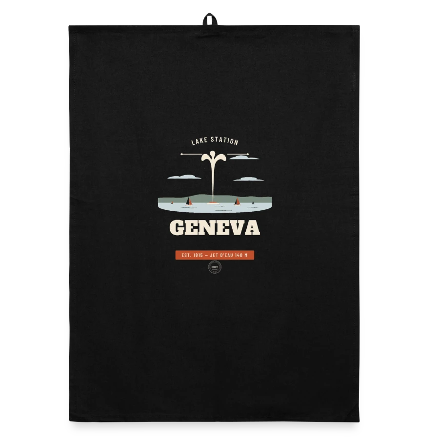 Geneva badge on a organic dish towel, black