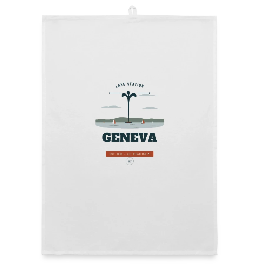 Geneva badge on a organic dish towel, white