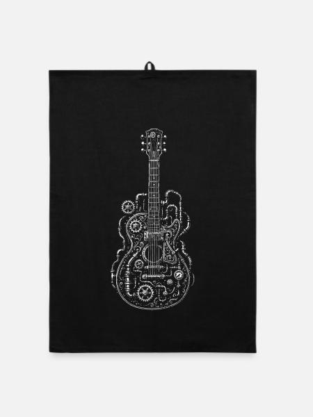 Steampunk Guitar Geared Ornament - Organic dish towel - black - Front