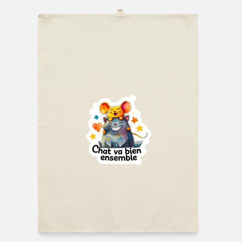 Chat et Souris Heureux Ensemble Torchon bio