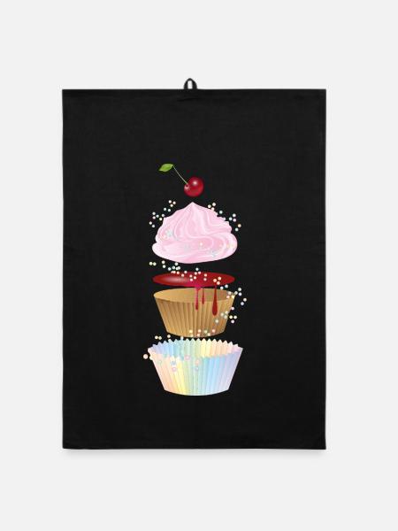 Illustration ludique de cupcakes en parties détachées - Torchon bio - noir - Devant