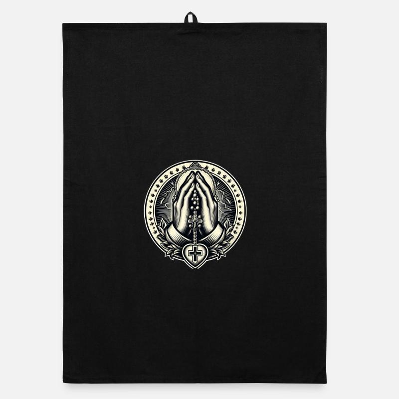 Mains jointes en prière avec chapelet - Torchon bio - noir