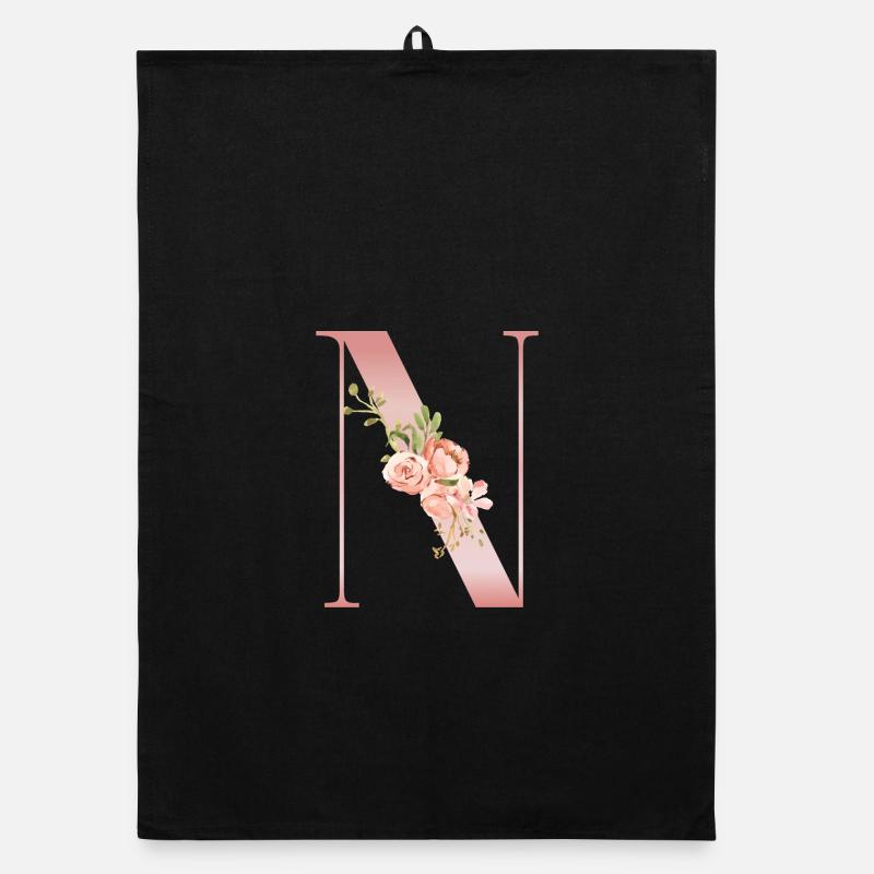 Drop Cap N Floral Soft Pink - Organic Geschirrtuch - Schwarz