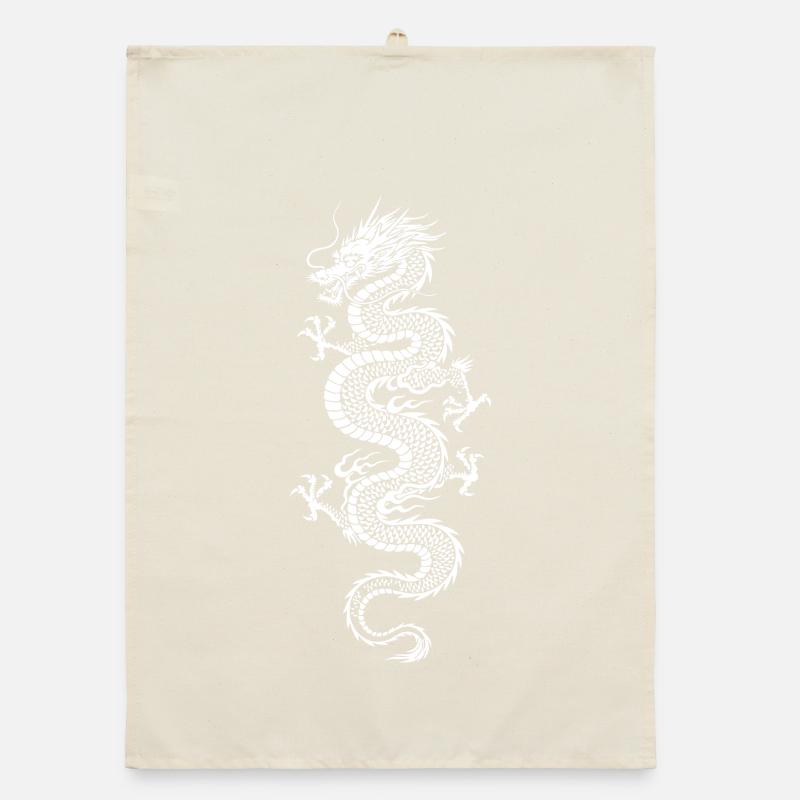 White Dragon on Black Background Organic dish towel