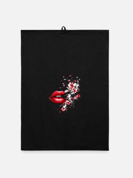 Lèvres rouges avec de la fumée de fleur - Torchon bio - noir - Devant