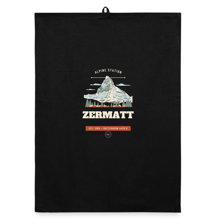 Zermatt badge on a organic dish towel, black