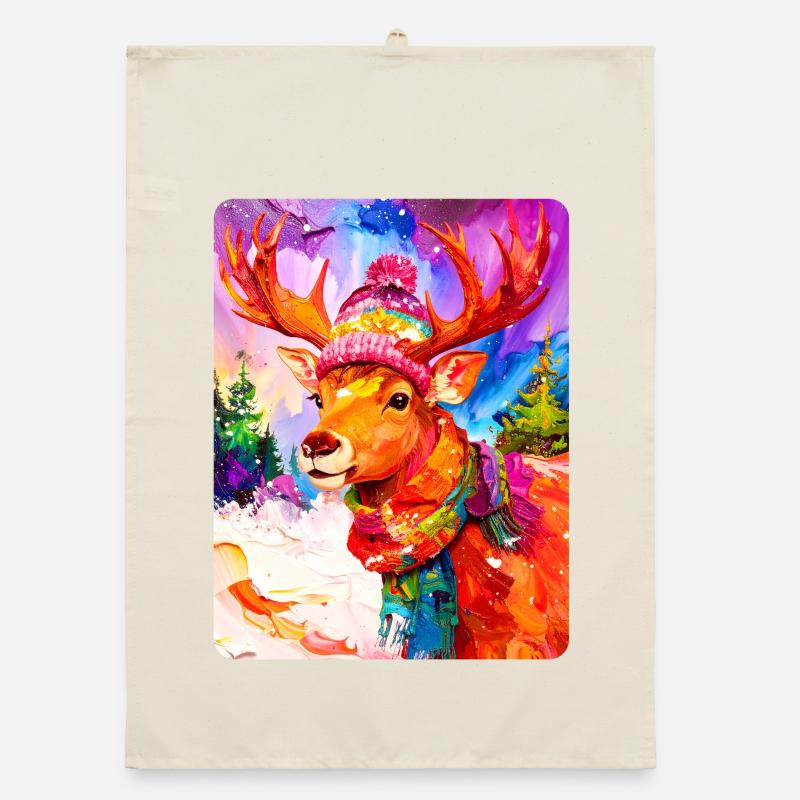 Reindeer with bobble hat Organic dish towel
