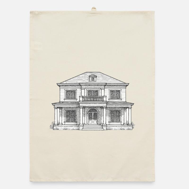 Classic front building line drawing Organic dish towel