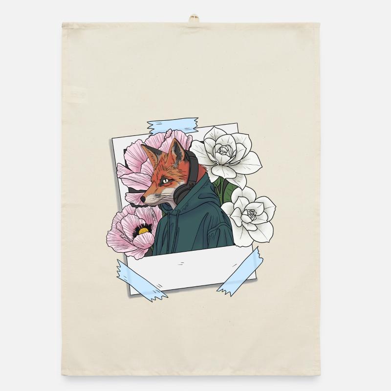 Fuchs mit Kopfhörern und Blumenthema - Organic Geschirrtuch - Natur