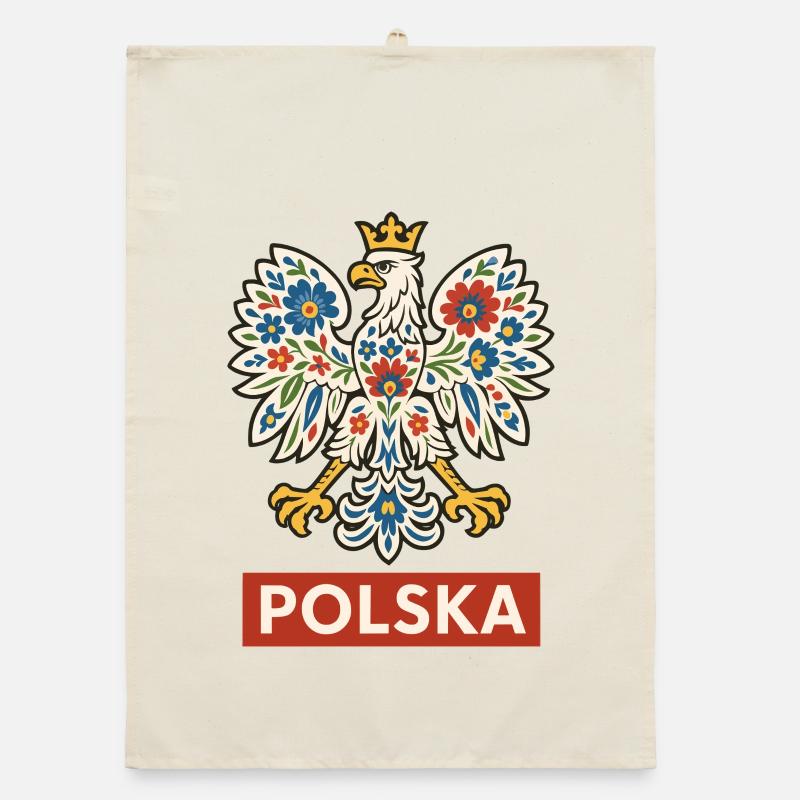 Polish White Eagle with Folk Floral Pattern Organic dish towel