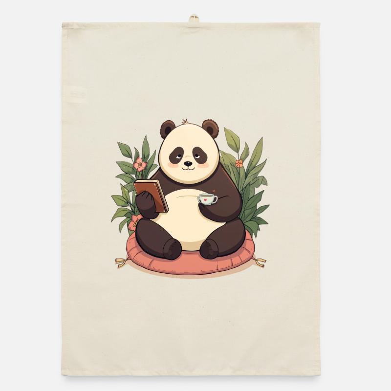 Panda reading with tea Organic dish towel