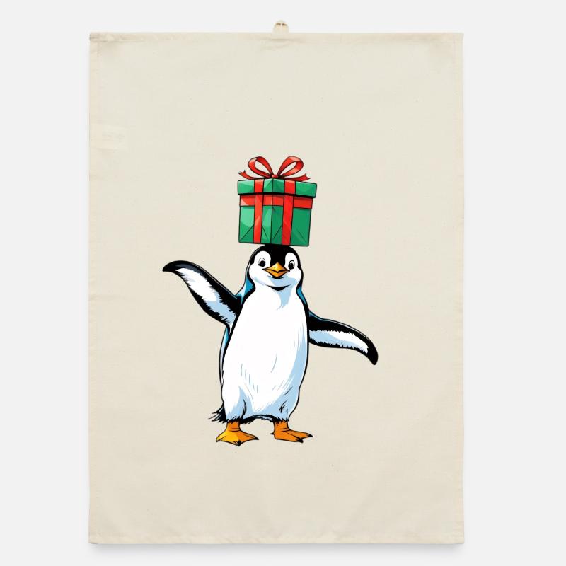 Penguin with gift on head Organic dish towel