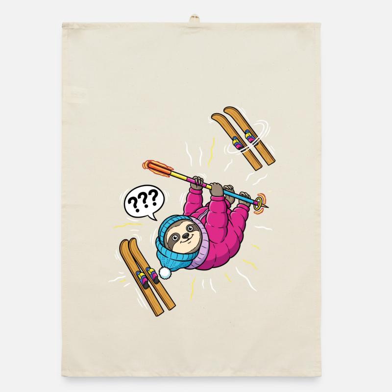 Confused sloth while skiing Organic dish towel