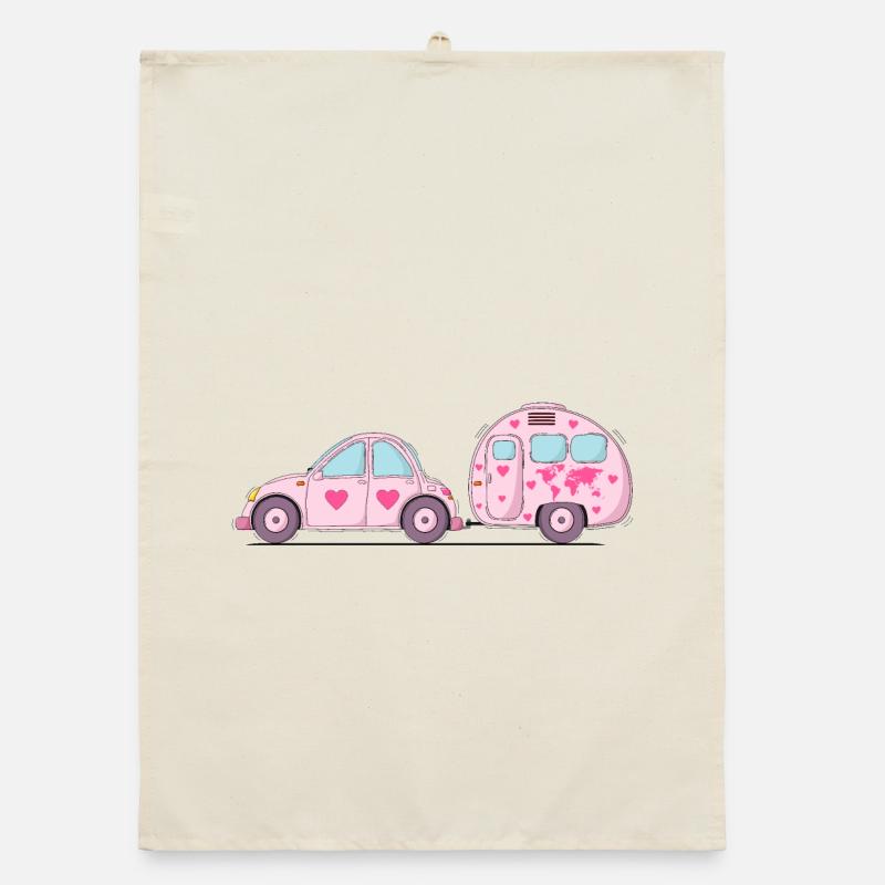 Auto mit Wohnwagen Rosa Herz Organic Geschirrtuch