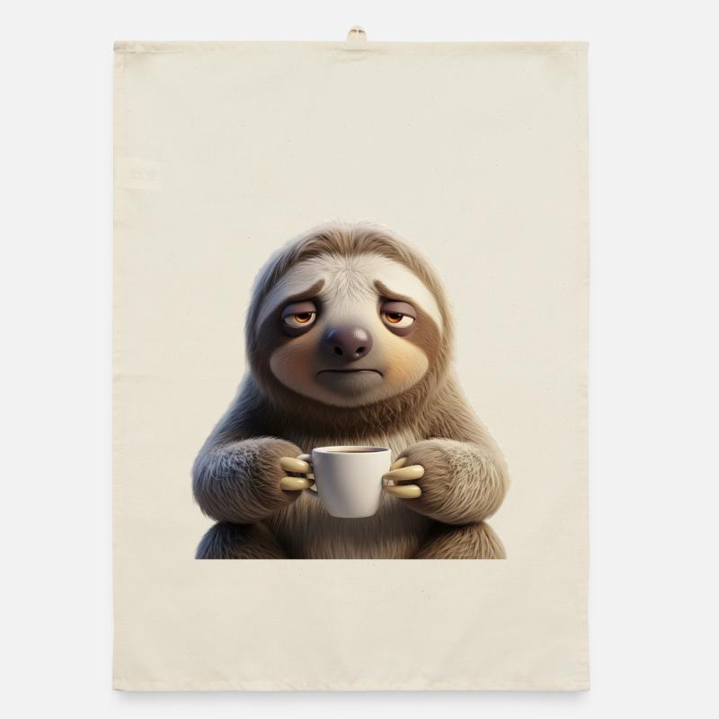 Funny tired sloth with coffee Organic dish towel