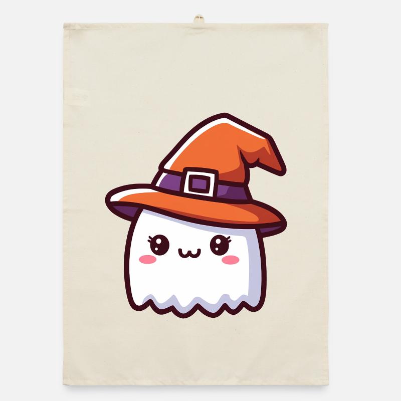 Cute Ghost in Witch Hat Halloween Organic dish towel