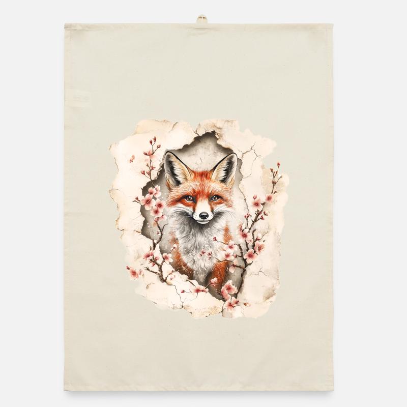 Fox with cherry blossoms Organic dish towel