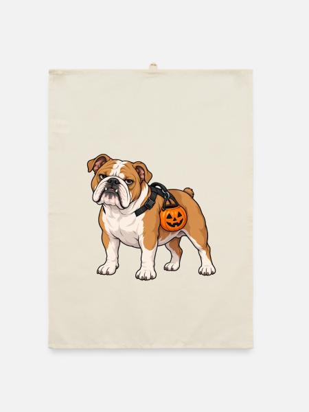 Bulldogge trägt einen Kürbis-Bonbon-Eimer - Organic Geschirrtuch - Natur - Vorne