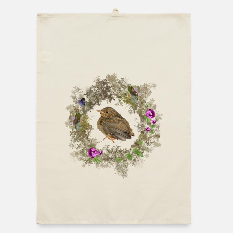 Rotkehlchen mit zarten Blüten und Bläulingen Organic Geschirrtuch