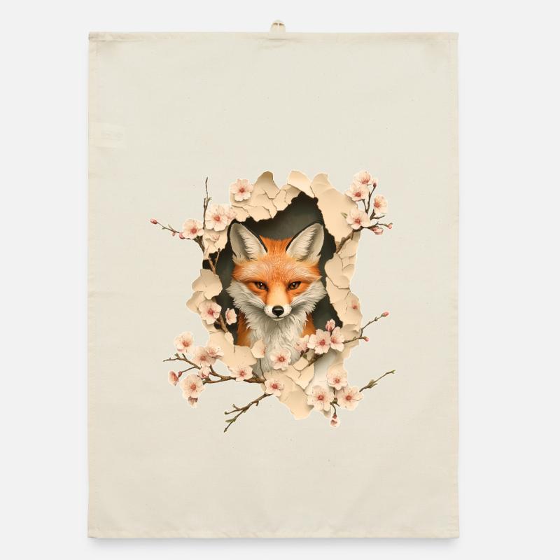 Fox with cherry blossoms Organic dish towel