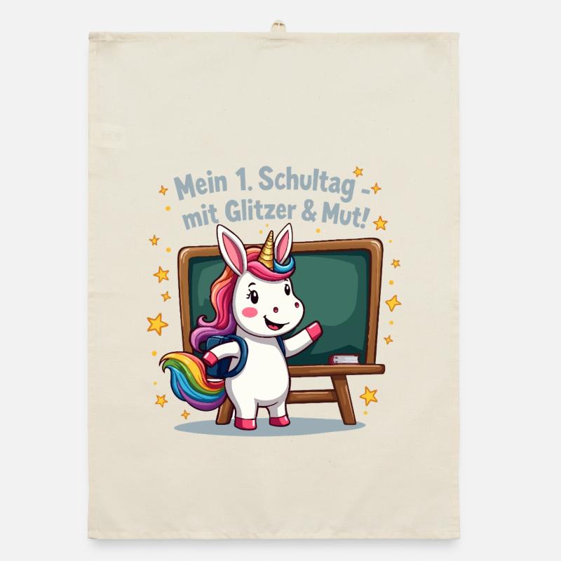 Licorne de l’école - 1ère année avec début de paillettes - Torchon bio - nature