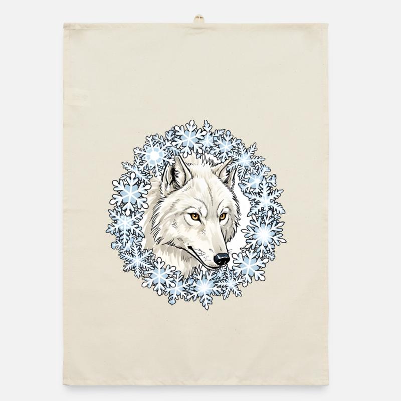 Winter wolf in a snowflake circle Organic dish towel