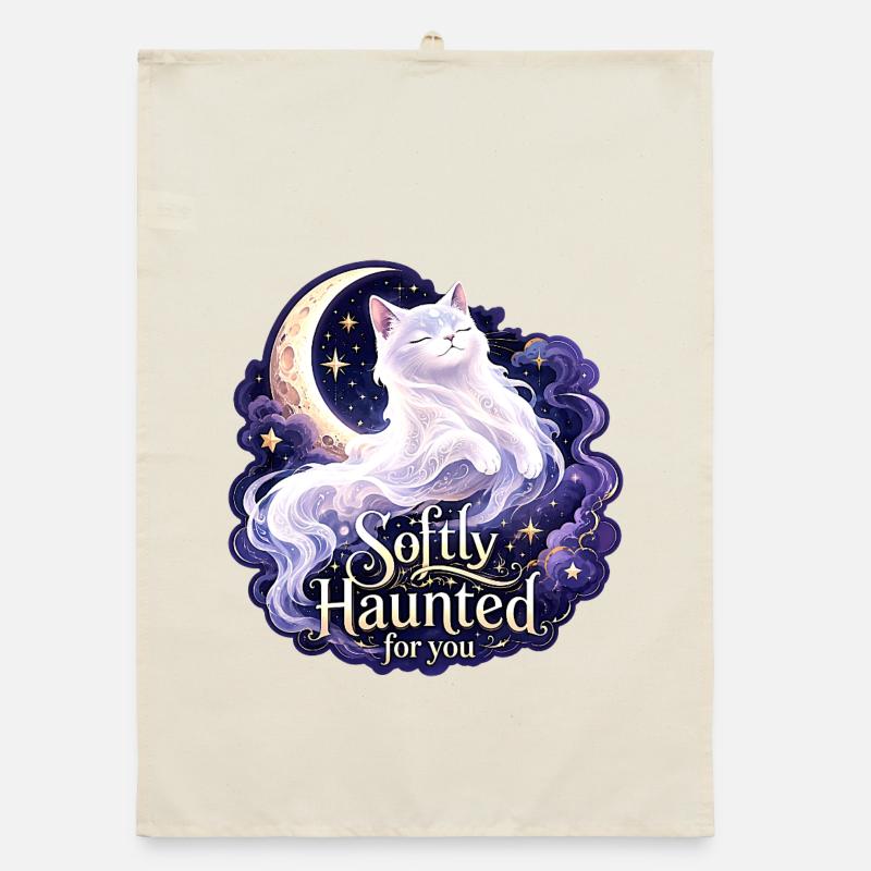 Softly Haunted White Moon Cat Gothic Celestial - Organic dish towel - nature