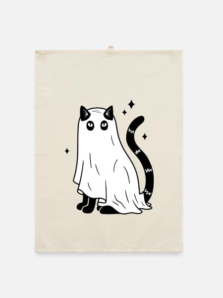 Halloween Katze Gespenst - SW mit Sternen - Organic Geschirrtuch - Natur - Vorne