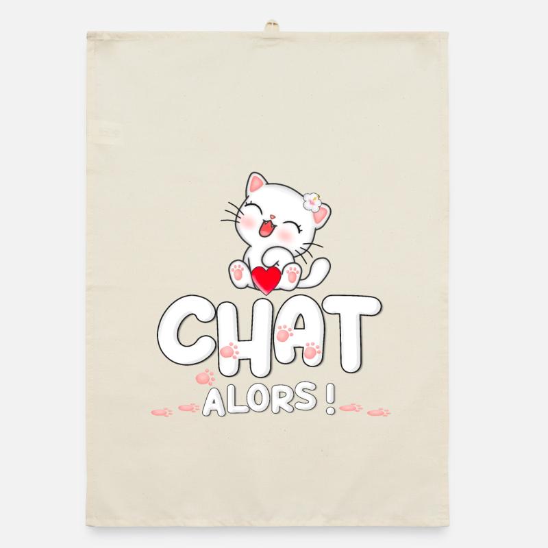 Chat mignon avec cœur et fleurs - Torchon bio - nature