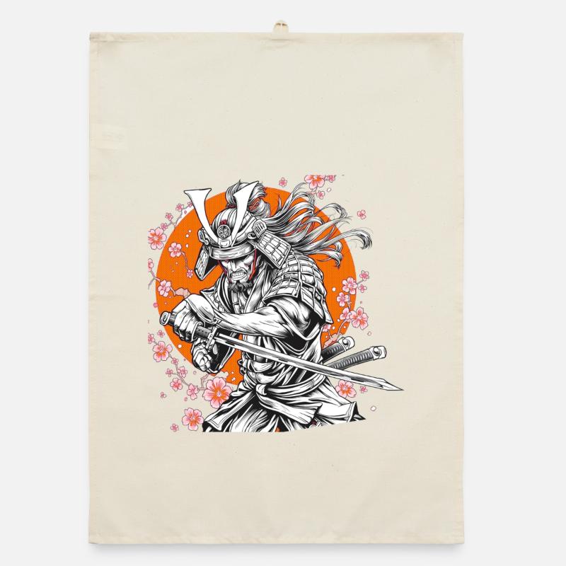 Samurai with Sakura and Orange Circle Organic dish towel
