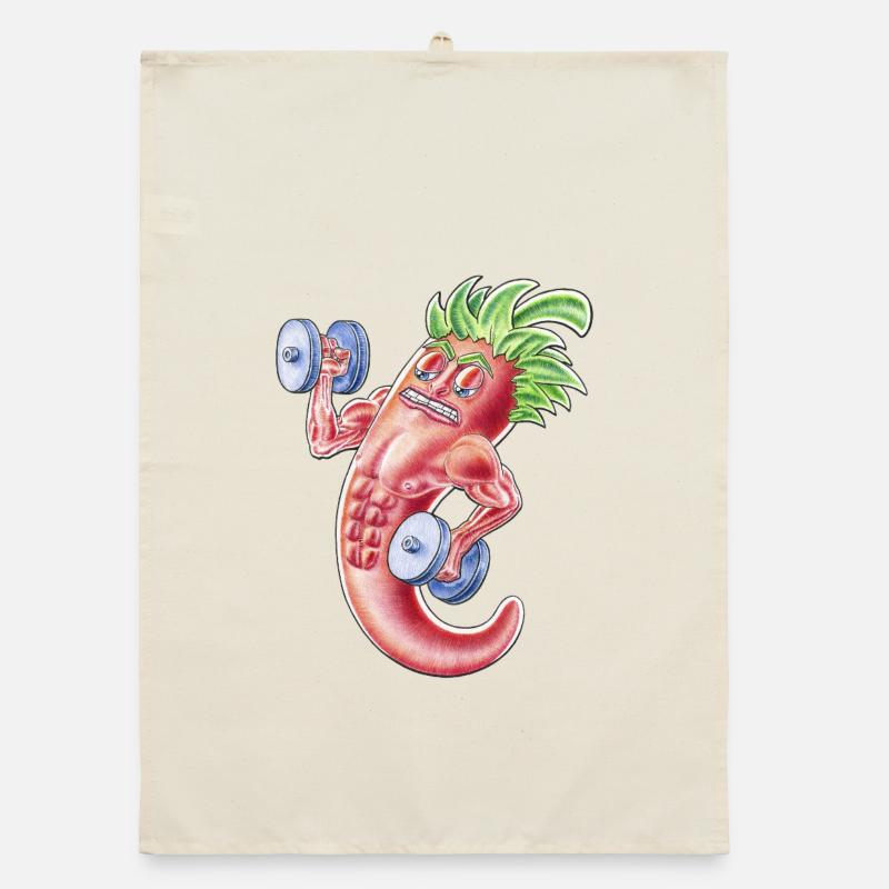 Muscular Chilli Cartoon Pepper Lifting Weights Organic dish towel