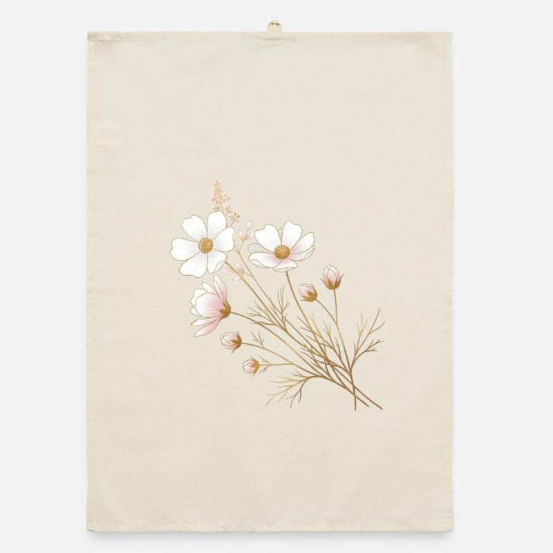 Accents dorés, fleurs blanches Torchon bio