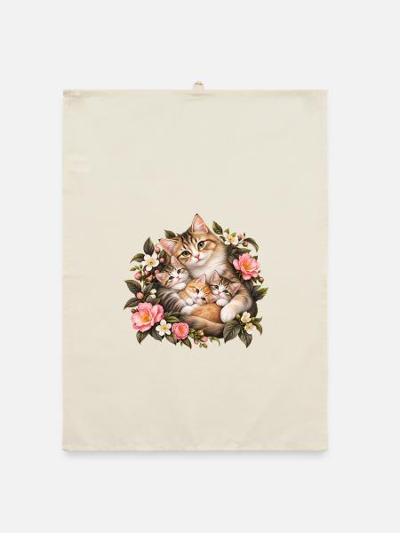 Blumige Katzenfamilie - Organic Geschirrtuch - Natur