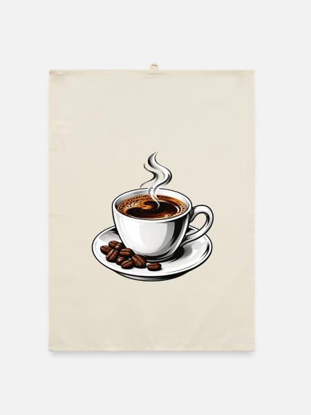 Klassischer heißer Espressobecher und Bohnen - Organic Geschirrtuch - Natur