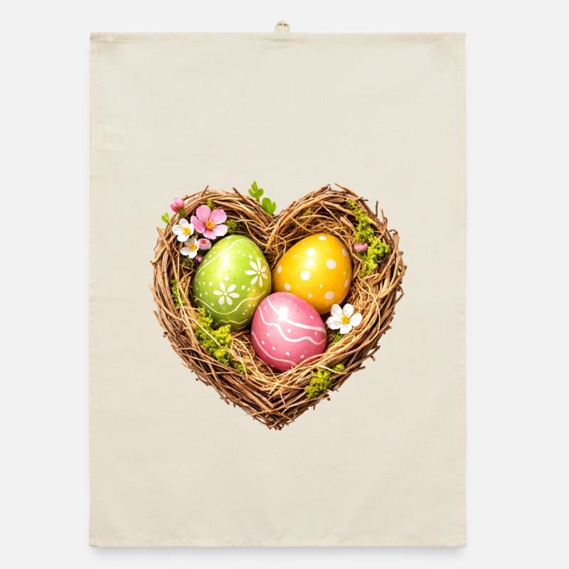 Heart-shaped Easter basket with eggs Organic dish towel