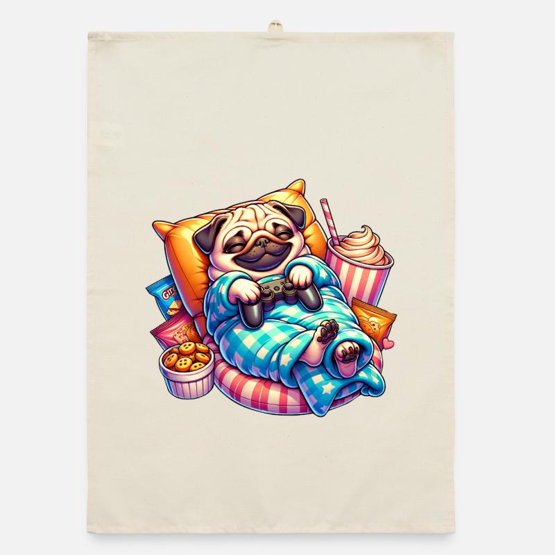 Relaxed Gaming Pug with Snacks Organic dish towel