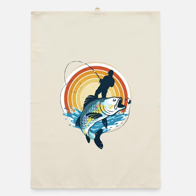 Pêcheur et poisson géant dans le cercle du soleil Torchon bio