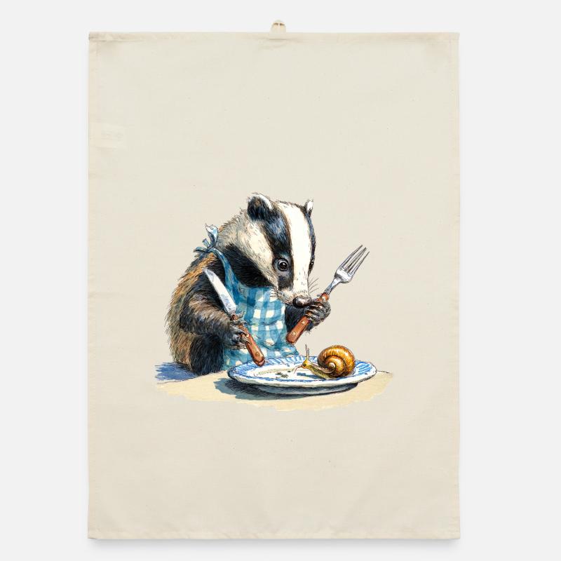 Badger at the table with snail Organic dish towel